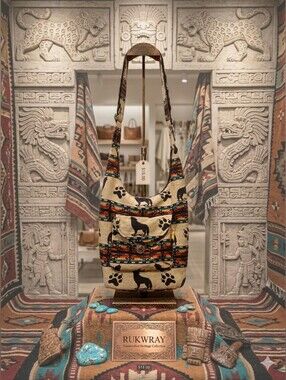 Rukwray Boho Hobo Sling Bag Wolf & Paw Prints Woven Tapestry Southwest Aztec